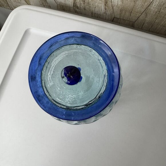 Hand Blown Glass Canister Mexico with lid Blue Rim Biscuit Cookie Jar 6”x4” Farm - Picture 2 of 16